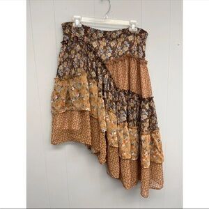 Anthropologie Blue Tassel Boho Ruffle Floral Cascade High Low Skirt Size L Large